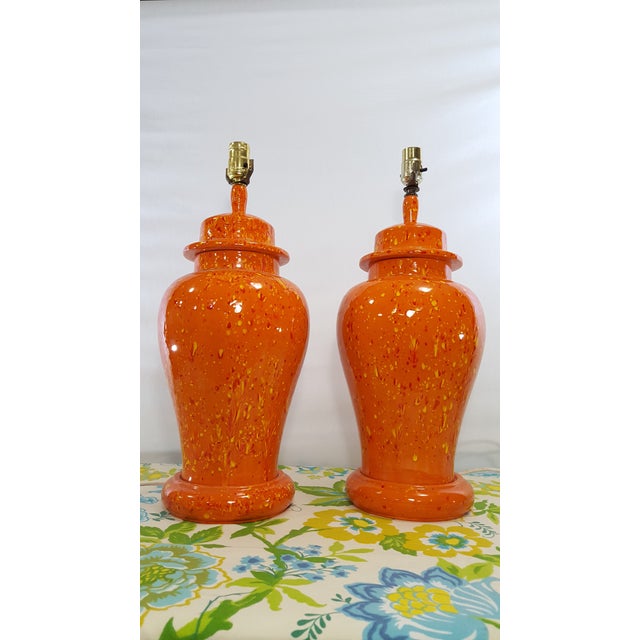 Vintage 1970s MidCentury Orange Drip Glaze Ginger Jar Lamps a Pair
