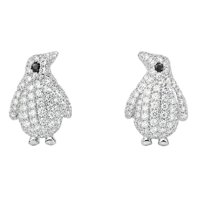 Mid 20th Century 14k White Gold Diamond Penguin Earrings Estate, Pair For Sale