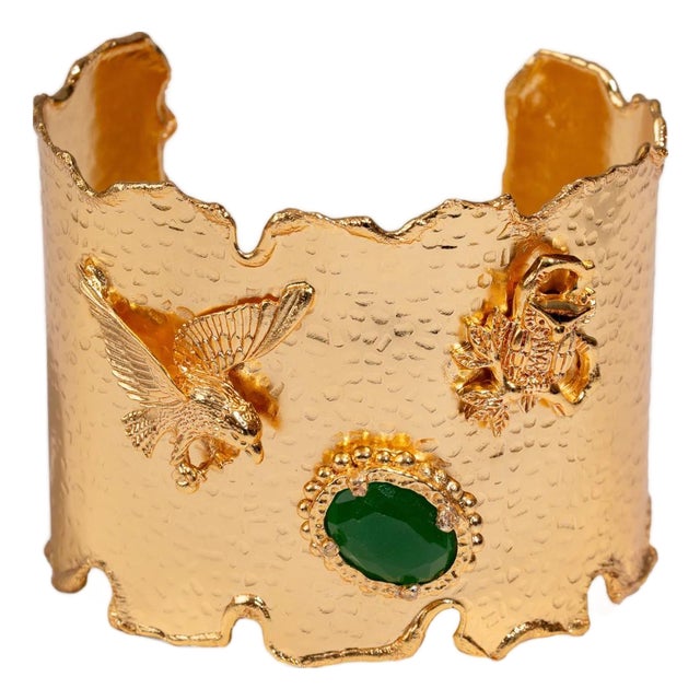 Emerald Wisdom Eagle & Owl Gold Cuff Bracelet For Sale