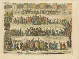 Original Copper Engraving Depicting a Viceroy with Entourage in China, 1735