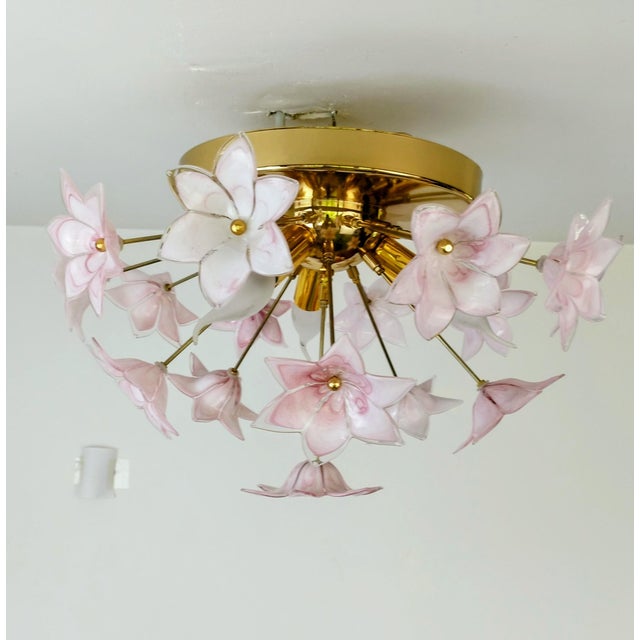 Murano Style Flush Mount Pink Flower Ceiling Light Glass Chandelier For Sale - Image 4 of 13