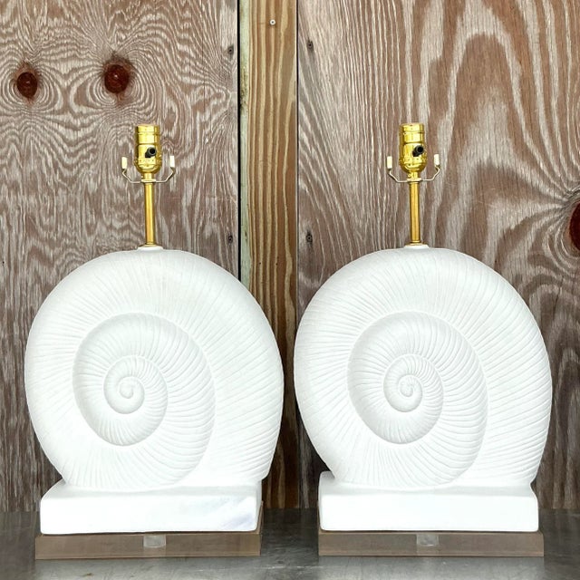 Coastal Vintage Coastal Plaster and Lucite Nautilus Shell Lamps - a Pair For Sale - Image 3 of 5