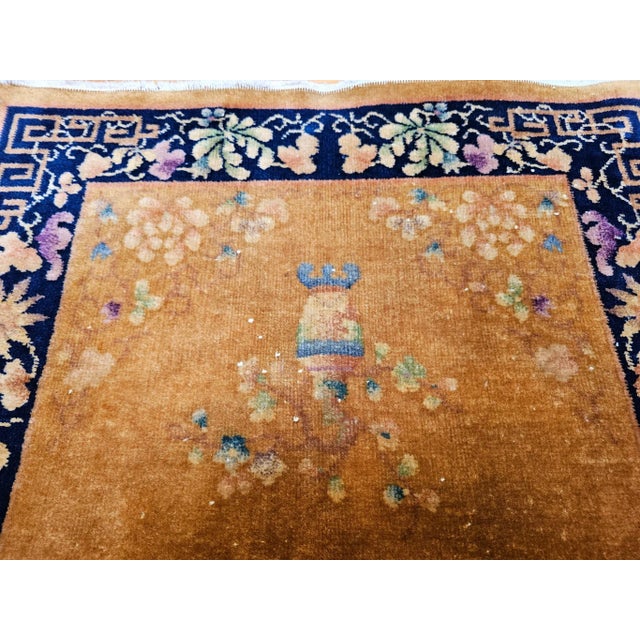 Vintage Chinese Art Deco Area Rug, Hand-Knotted Wool Pile, Tan, Dark Blue, 1920s For Sale - Image 9 of 12