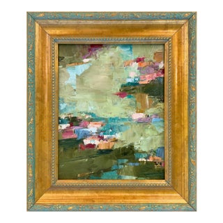 Contemporary "Water Lily" Oil Painting in Vintage Frame For Sale