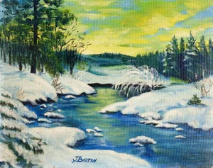 Mid 20th Century Snowy Forest Landscape Painting