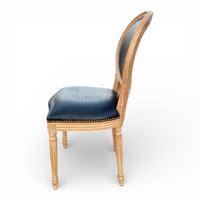 Early 21st Century Pair of Elegant French Country Round Back Louis XVI-Style Side Chairs in Genuine Black Ostrich Leather For Sale - Image 5 of 11