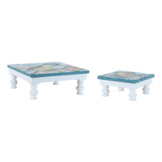 Wooden Floral Bird Pedestal Tray (Set of 2) For Sale