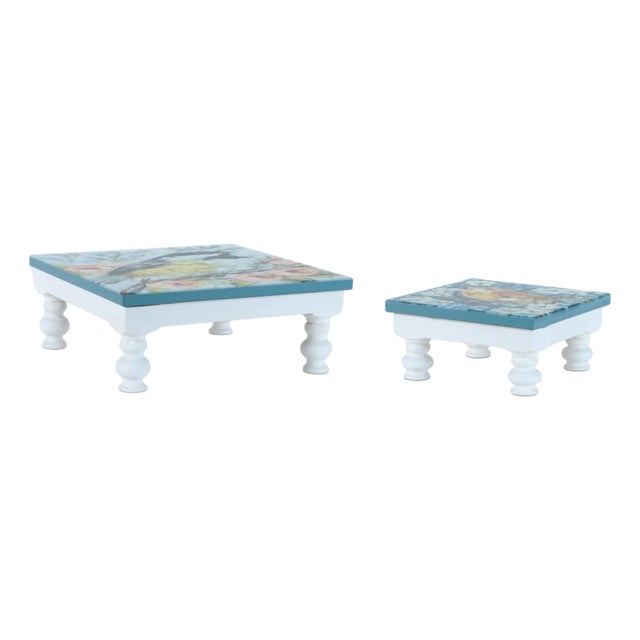 Wooden Floral Bird Pedestal Tray (Set of 2) For Sale