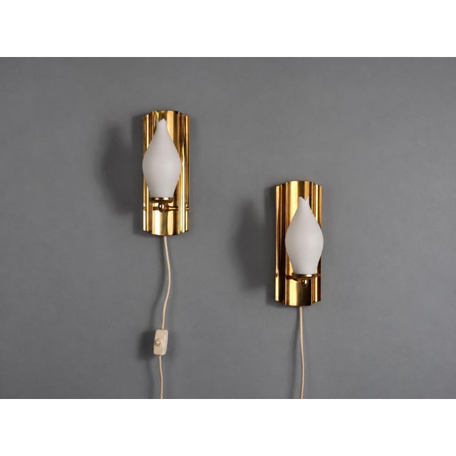 1960s Kurant, Norwegian Modern, Wall Lights, Brass, Opaline Glass For Sale - Image 4 of 12