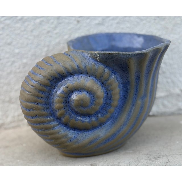 Seaside Chic Blue Glazed Pottery Nautilus Shell Planter For Sale - Image 4 of 6
