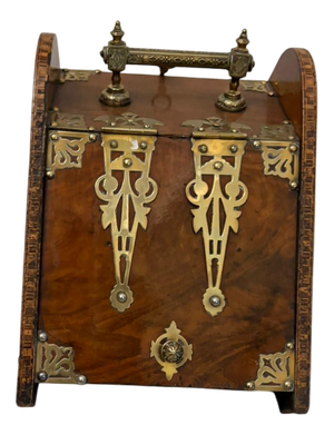 Antique Victorian Brass-Mounted Walnut Log Scuttle, 1880s