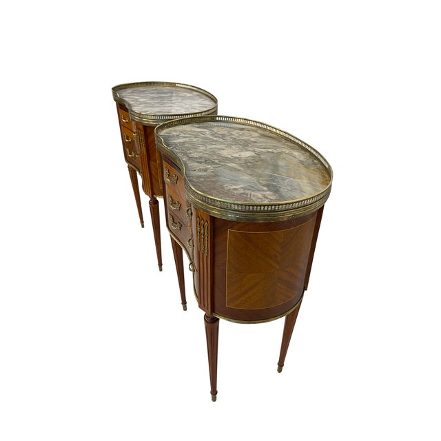 Wood 1930s Pair of Louis XVI Style End or Bedroom Side Tables With Marble and Brass Gallery Tops For Sale - Image 7 of 12