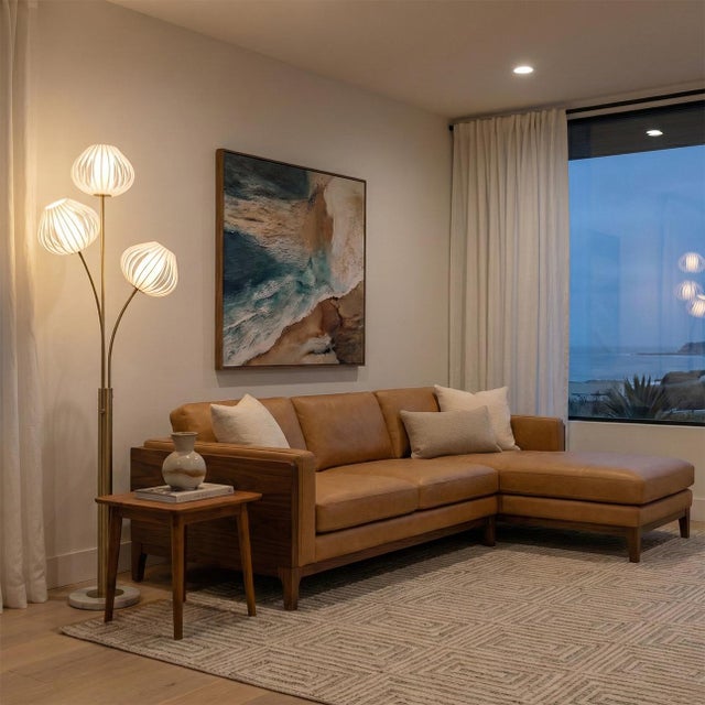 Mid-Century Modern 1990s Bloom 3-Light Floor Lamp - Weathered Brass, White Marble Base For Sale - Image 3 of 18