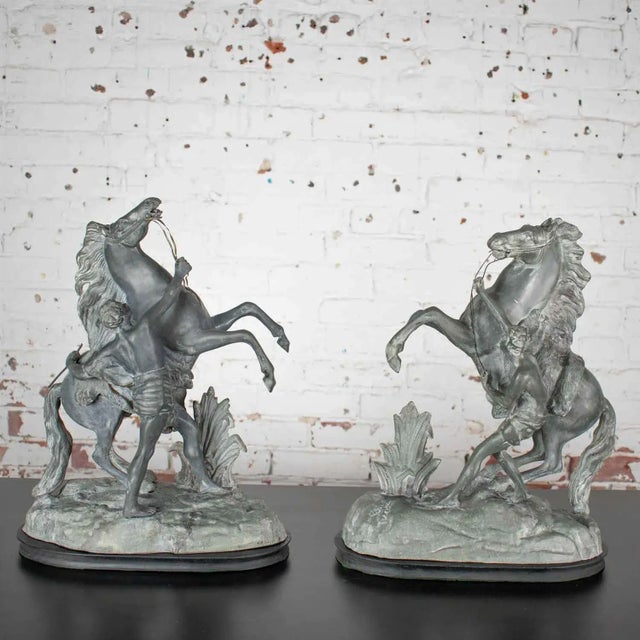 Victorian Antique Marly Rearing Horse & Groom Spelter Sculptures After Guillaume Coustou - A Pair For Sale - Image 3 of 13