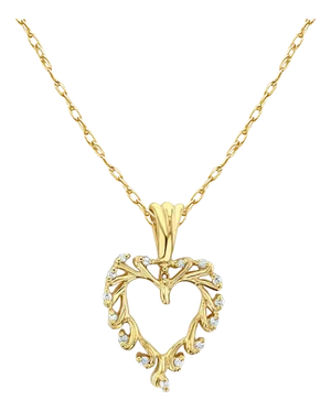 Heart Shaped Cutout Diamond Necklace with leaf design .18cttw 14k Yellow Gold 16"
