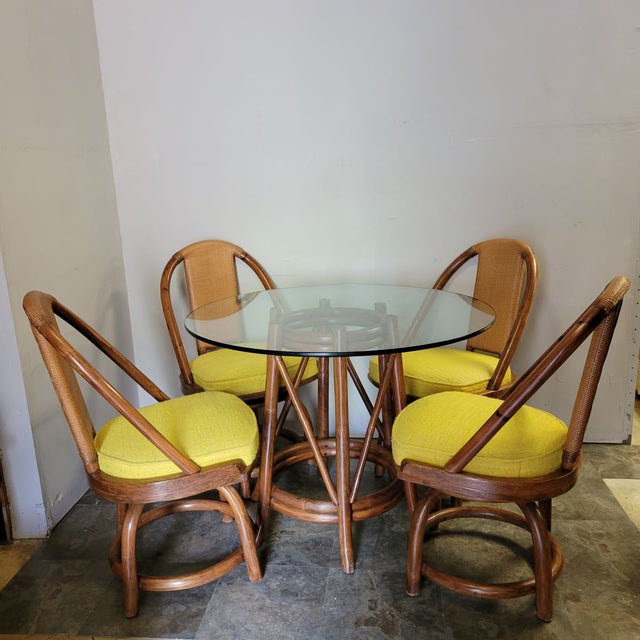 Organic Modern Rattan Dining Set With Four Swivel Chairs and Glass Top Table For Sale - Image 4 of 14