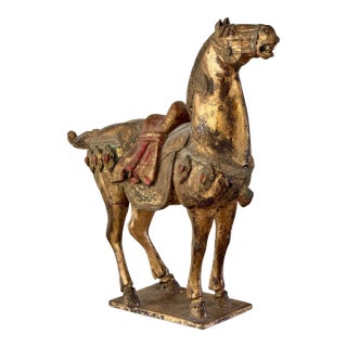 Late 19th Century Chinese Carved, Gilt and Polychrome Wooden Horse For Sale