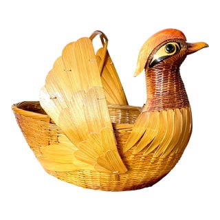 Vintage Pheasant Shaped Wicker and Wood Basket With Handle For Sale