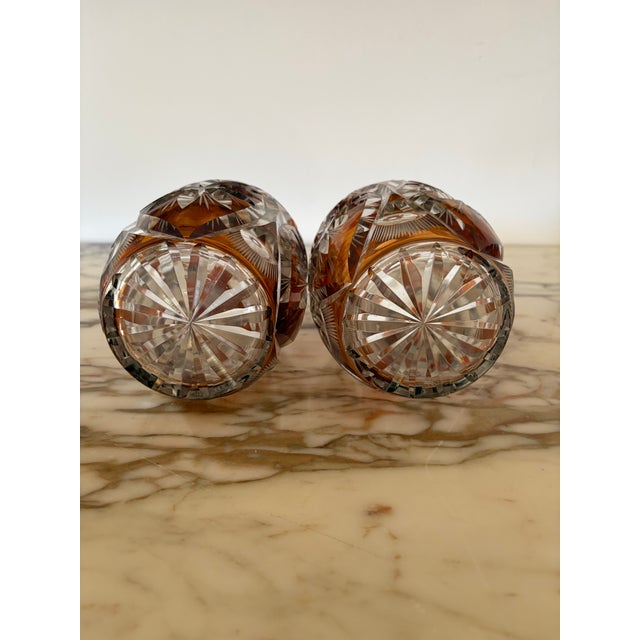 Pair Vintage Bohemian Czech Amber Cut to Clear Decanters For Sale - Image 12 of 12