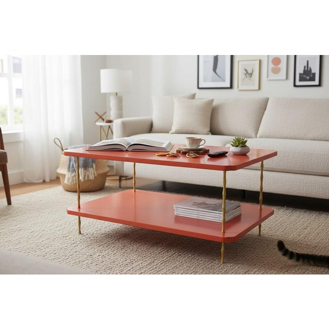 Handcrafted Satin Salsa Painted Two-Layer Coffee Table With Brass Bamboo Legs For Sale In New York - Image 6 of 6
