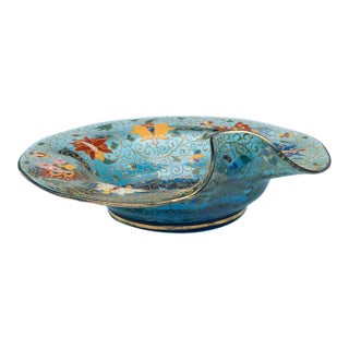 Late 19th Century Moser Turquoise Blue Glass Enameled Butterfly Bowl For Sale