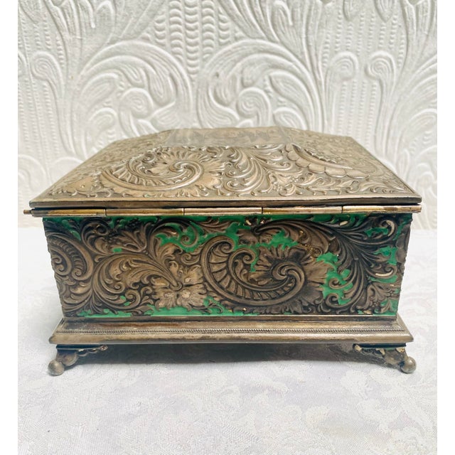 Victorian Antique Victorian 1880’s Footed Silverplate e.g. Webster Monogramed Repousse Jewelry Box For Sale - Image 3 of 10