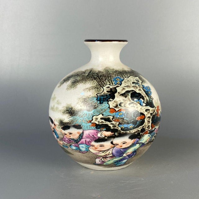 Chinese Vintage Chinese Crackle Glaze Famille Rose "Boys Playing" (Yingxi) Vase - 16.5cm For Sale - Image 3 of 8