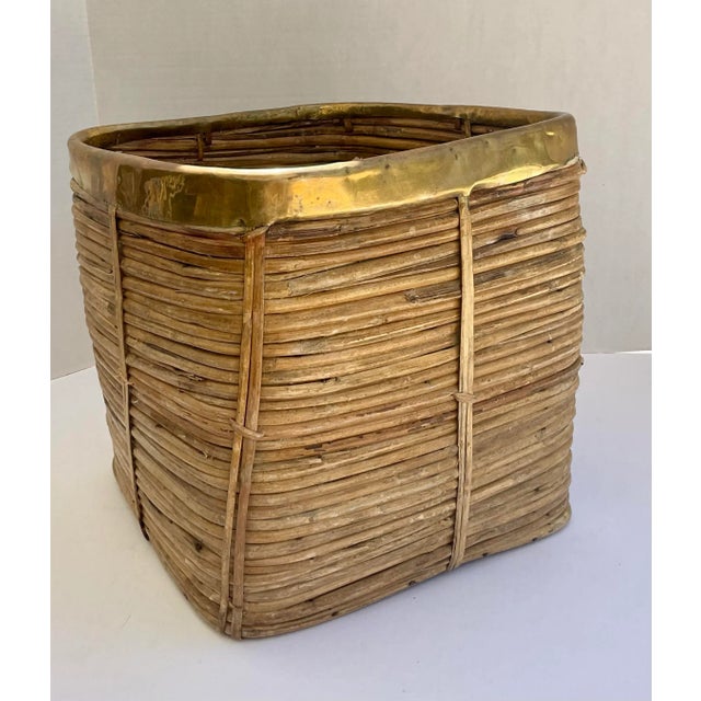 Decorative Basket in Rattan and Brass, Italy, 1960s For Sale In West Palm - Image 6 of 8