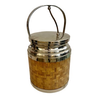 Italian Rattan Herringbone Design & Chrome Ice Bucket From 70's For Sale