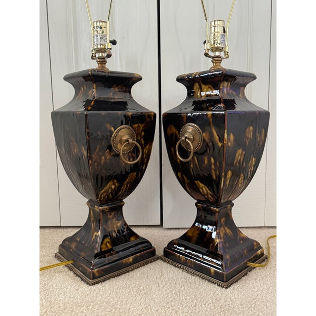 Neoclassical Contemporary Currey & Company Crestview Tortoise Shell Ceramic Neoclassical Table Lamps - Pair For Sale - Image 3 of 17