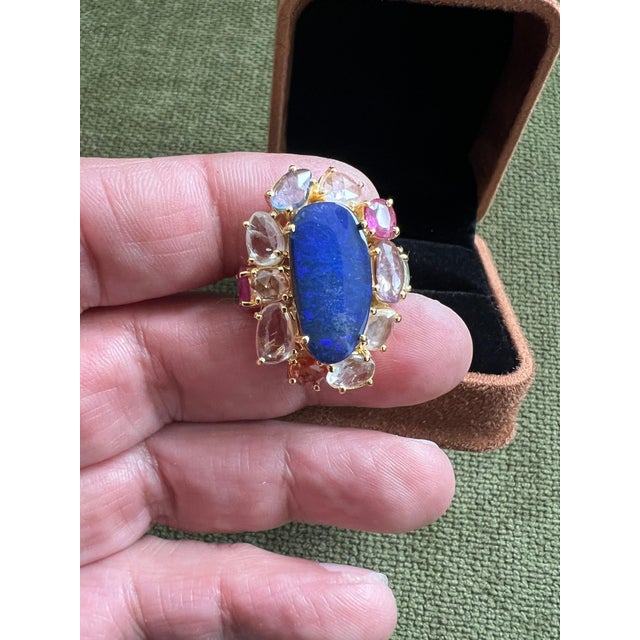 Baroque Bochic “Capri” Blue Opal & Multi Color Sapphire Ring Set In 18K Gold & Silver For Sale - Image 3 of 12
