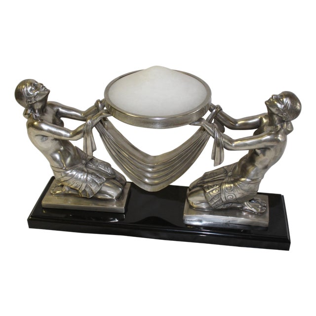 Art Deco Lady Lamp Silvered Bronze Alabaster Shade For Sale