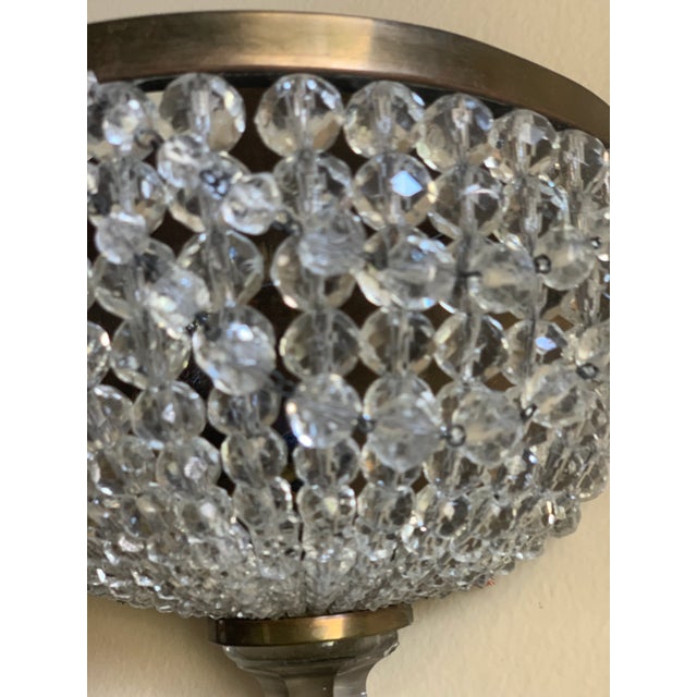 1910s Single Crystal Beaded/ Brass Crescent Shape Wall Sconce For Sale - Image 4 of 7
