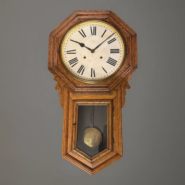 Wood Antique Ansonia “Regulator A” Schoolhouse Style Regulator Wall Clock For Sale - Image 7 of 10
