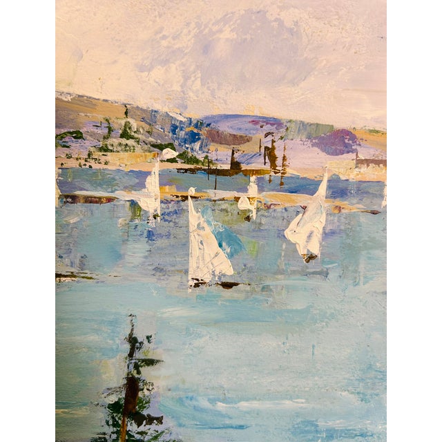 Impressionist Coastal Harbor Oil Painting With Sailboats, Framed 24" Signed Eileen Kelly For Sale - Image 9 of 15