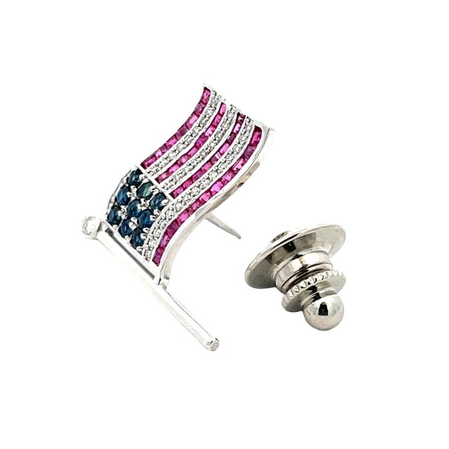 Metal 14k Heavy Gold American Flag Brooch With Ruby, Sapphire & Diamond For Sale - Image 7 of 11