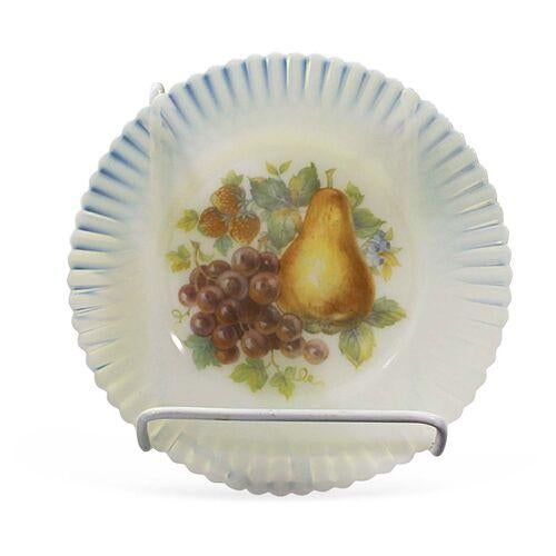 Set of six fluted translucent transferware vaseline glass dessert plates with fruit motif. Slight glow under UV light.