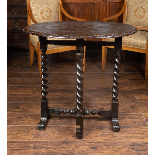 English 1850s Oak Gate Leg Oval Table with Carved Decor and Barley Twist Base For Sale In Atlanta - Image 6 of 12