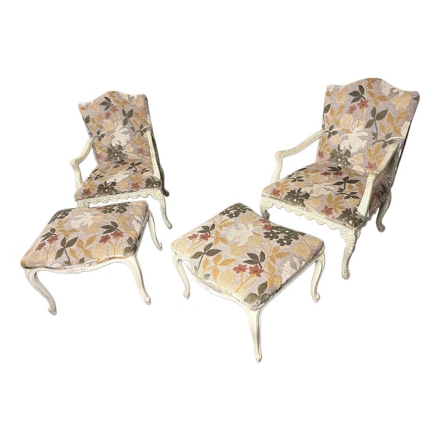 Vintage Louis XV Style French Provincial Lounge Chairs & Ottomans – Shelby Williams Cabriole Leg Set of 4 For Sale