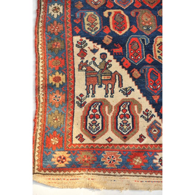 Blue 1930s Persian Malayer 4-Horsemen Protecting the Seeds of Life Rug, 4.4 x 6.10 For Sale - Image 8 of 12