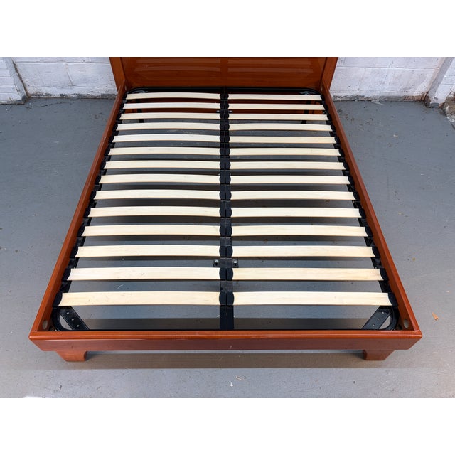 1990s Beautiful Modern Lacquered Cherry Platform Bed With Storage Headboard For Sale - Image 14 of 15