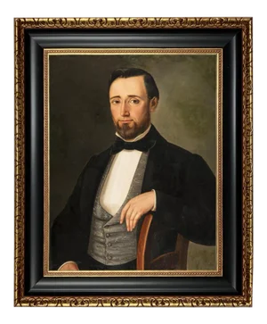 Early Victorian Gentleman Framed Oil Painting Print on Canvas, Black and Antiqued Gold Frame