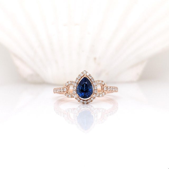 2020s Ceylon Sapphire Diamond Halo Ring: Solid 14k Gold, Pear Shape 6x4mm, Size 6.75 For Sale - Image 5 of 6