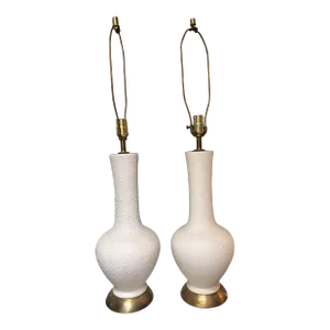 Mid 20th Century White Tall Ceramic Lamp With Brass Base - a Pair