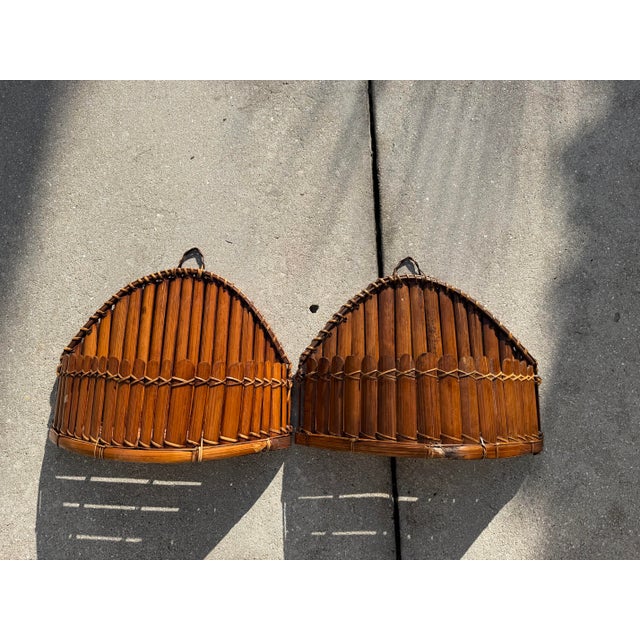 Vintage Split Bamboo Wall Baskets With Scalloped Form, Pair For Sale - Image 9 of 10