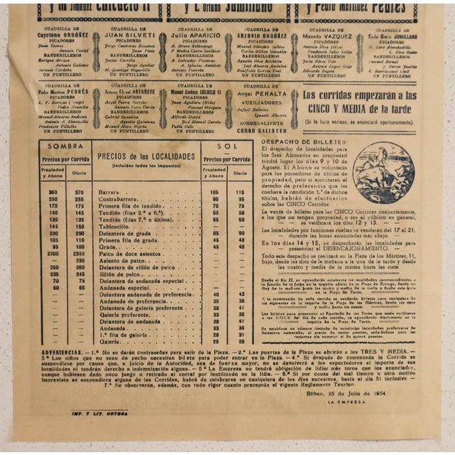 1950s 1954 Spanish Bullfighting Poster, Bilbao 1954, Luis Garcia Campo For Sale - Image 5 of 5