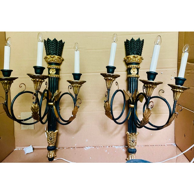 Italian Pair Neoclassic Italian Carved Wood Iron Black Gold Painted Arrow Wall Sconces For Sale - Image 3 of 12