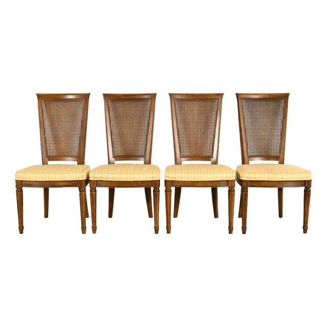 Henredon French Regency Louis XVI Carved Walnut Cane Back Dining Chairs, Set of Four For Sale