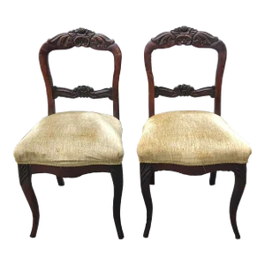Pair of Victorian Ladder Back Carved Mahogany and Upholstered Seat Chairs