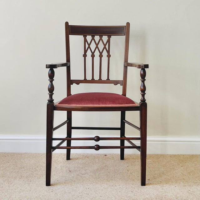 Antique English Edwardian Mahogany Desk Armchair in Velvet, 1890s For Sale - Image 4 of 17